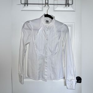 DVF WHITE RUFFLE FRONT BUTTON DOWN SHIRT (SIZE 0)